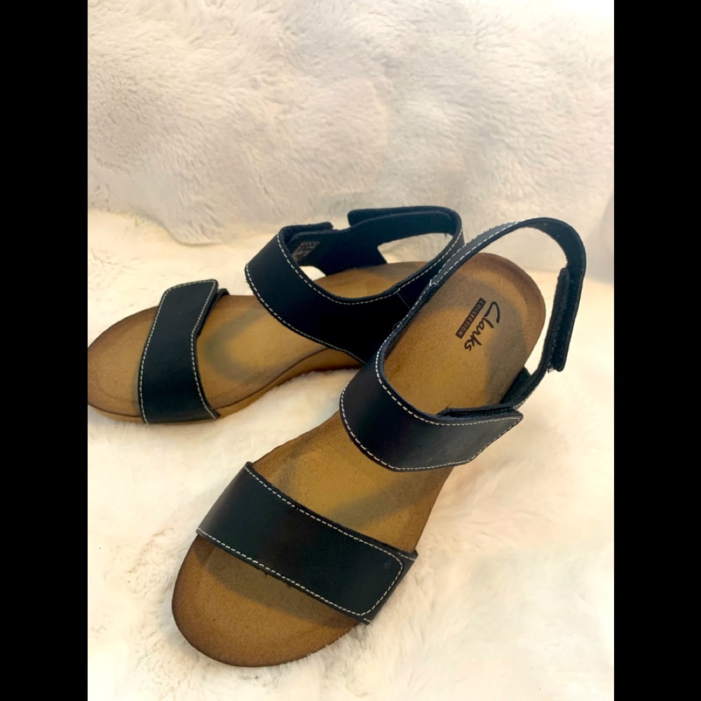 Clarks Alto Madi Black Noir size 8M Leather Wedge Sandals NWOT